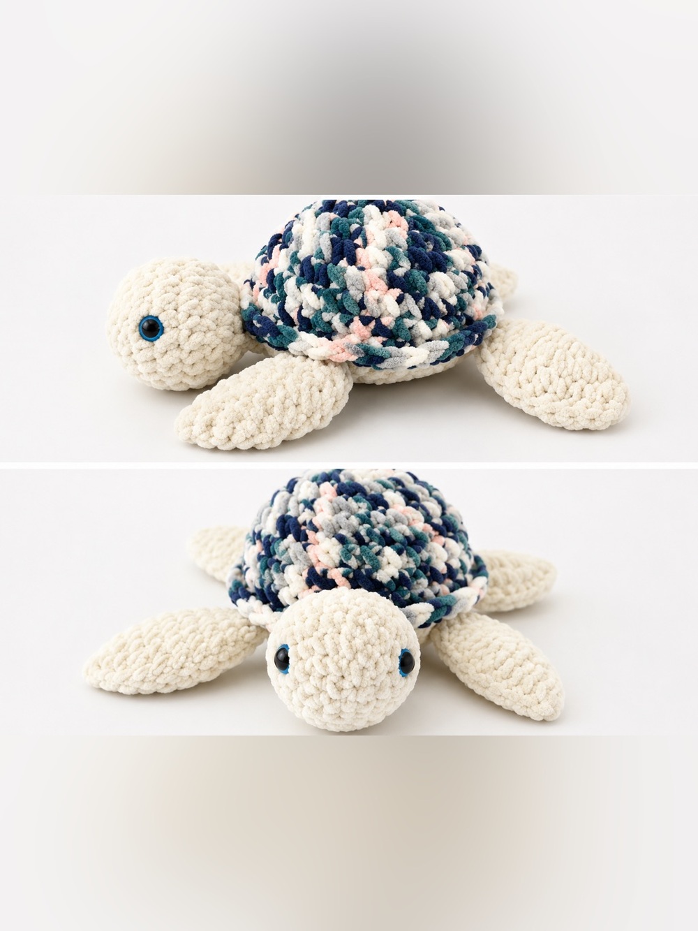 Large Crocheted Plush Sea Turtle - Cream with Navy & Pink Shell